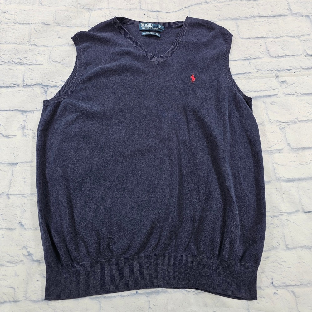 Polo Ralph Lauren Sweater Vest Mens LT Navy Blue Pima Cotton V-Neck Red Pony VTG